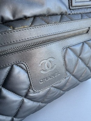 CHANEL Coco Cocoon Shoulder Bag Silver Nylon Leather CC Logo Quilted Hndbag Tote