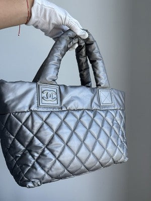 CHANEL Coco Cocoon Shoulder Bag Silver Nylon Leather CC Logo Quilted Hndbag Tote