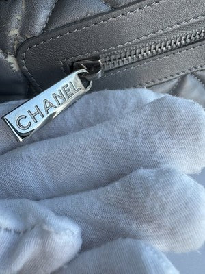 CHANEL Coco Cocoon Shoulder Bag Silver Nylon Leather CC Logo Quilted Hndbag Tote