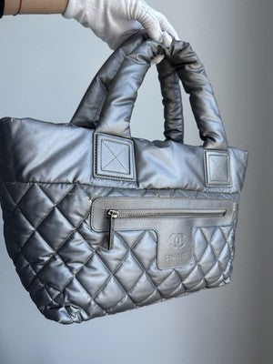 CHANEL Coco Cocoon Shoulder Bag Silver Nylon Leather CC Logo Quilted Hndbag Tote