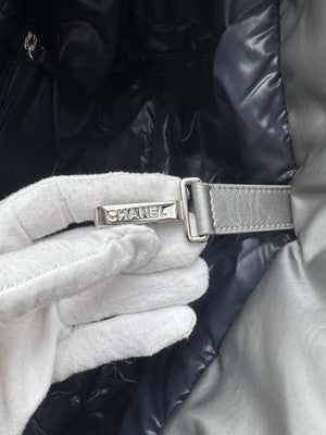 CHANEL Coco Cocoon Shoulder Bag Silver Nylon Leather CC Logo Quilted Hndbag Tote