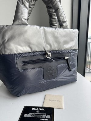 CHANEL Coco Cocoon Shoulder Bag Silver Nylon Leather CC Logo Quilted Hndbag Tote
