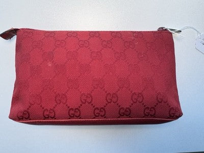 Gucci Guccissima Red Leather Pouch Bag, Silver Tone Zipper Top Cosmetic. As Is.