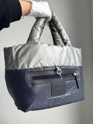 CHANEL Coco Cocoon Shoulder Bag Silver Nylon Leather CC Logo Quilted Hndbag Tote