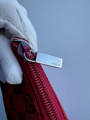 Gucci Guccissima Red Leather Pouch Bag, Silver Tone Zipper Top Cosmetic. As Is.