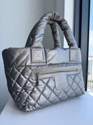 CHANEL Coco Cocoon Shoulder Bag Silver Nylon Leather CC Logo Quilted Hndbag Tote