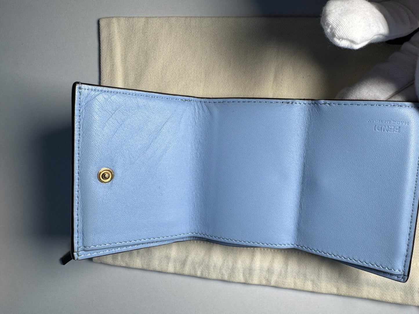 Fendi Baguette Micro Tri-Fold Wallet Baby-Blue Nappa Leather FF Quilted Logo
