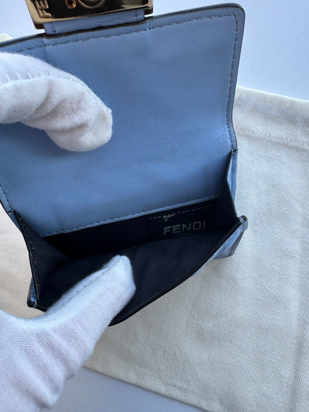 Fendi Baguette Micro Tri-Fold Wallet Baby-Blue Nappa Leather FF Quilted Logo