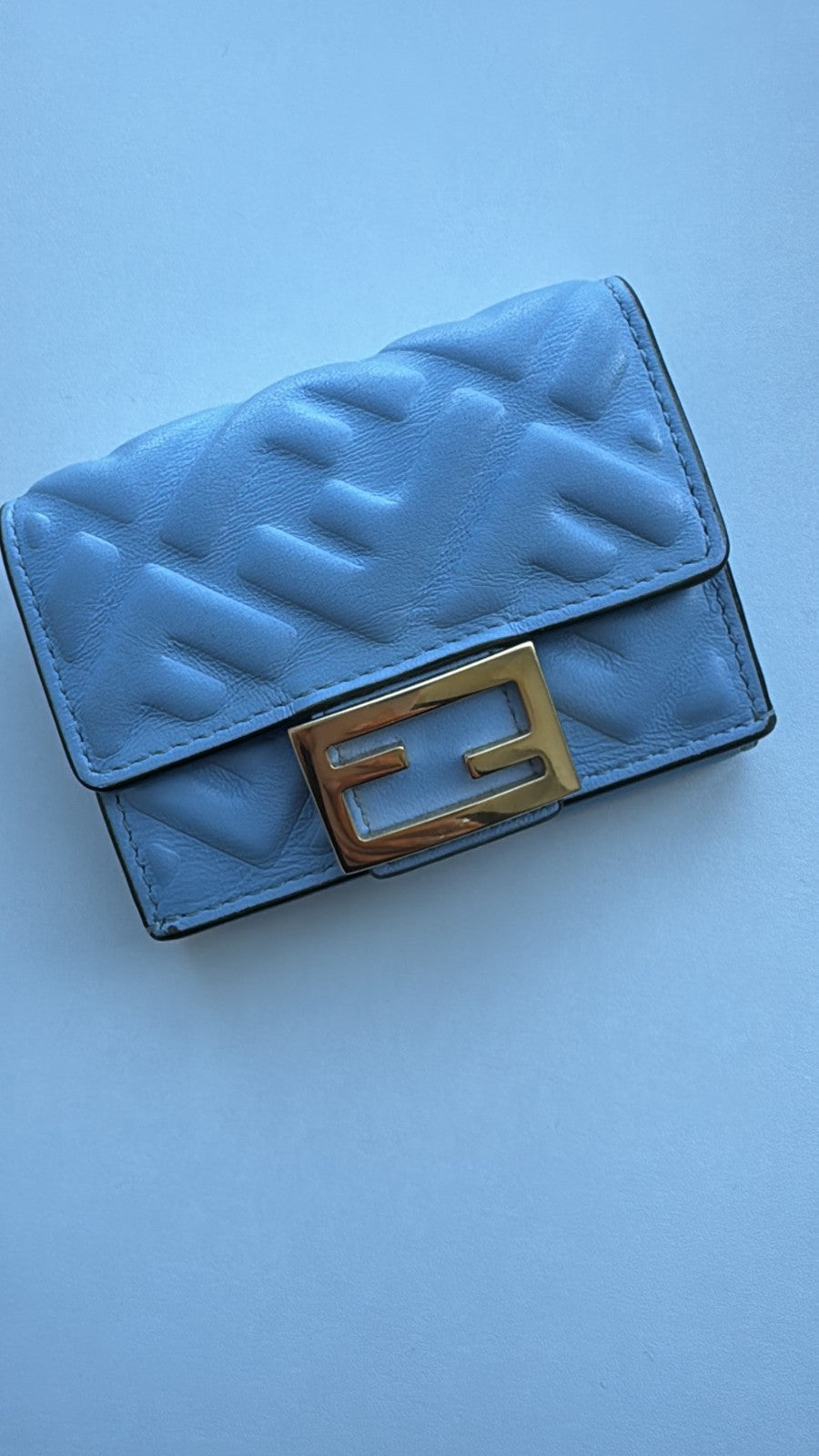 Fendi Baguette Micro Tri-Fold Wallet Baby-Blue Nappa Leather FF Quilted Logo