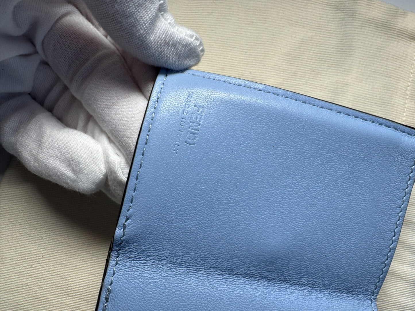 Fendi Baguette Micro Tri-Fold Wallet Baby-Blue Nappa Leather FF Quilted Logo