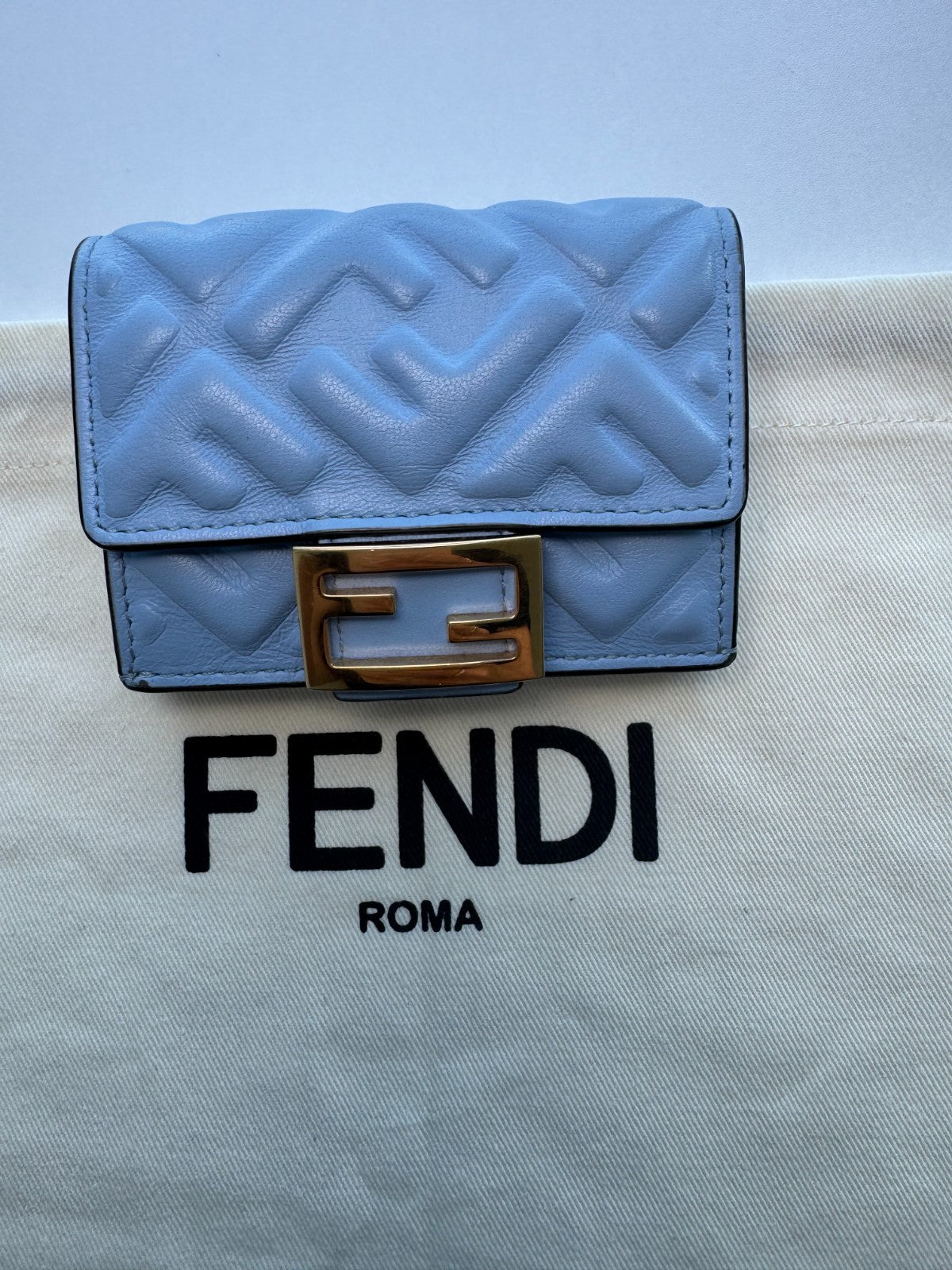 Fendi Baguette Micro Tri-Fold Wallet Baby-Blue Nappa Leather FF Quilted Logo