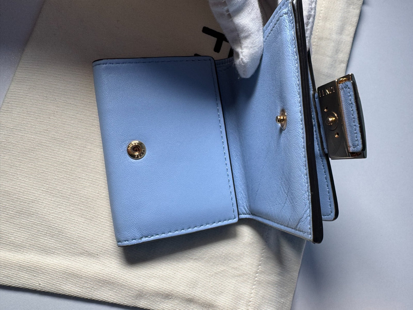 Fendi Baguette Micro Tri-Fold Wallet Baby-Blue Nappa Leather FF Quilted Logo