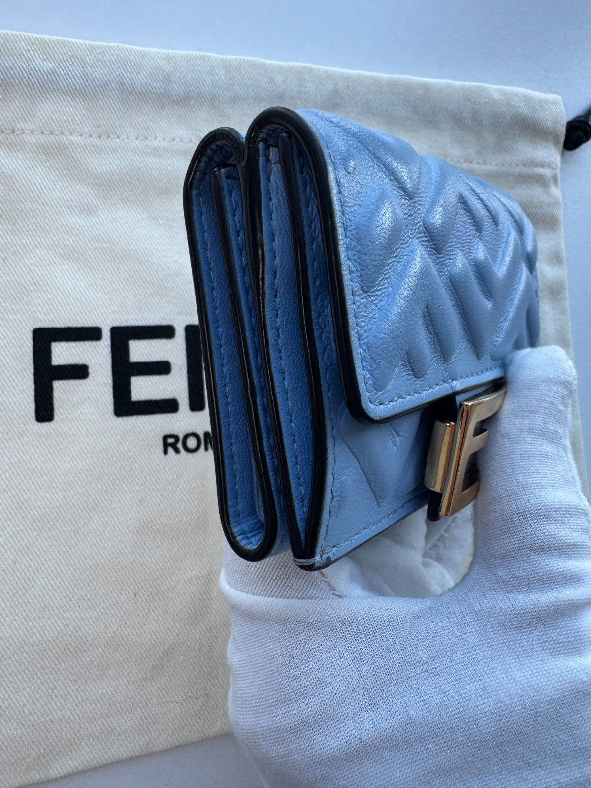 Fendi Baguette Micro Tri-Fold Wallet Baby-Blue Nappa Leather FF Quilted Logo