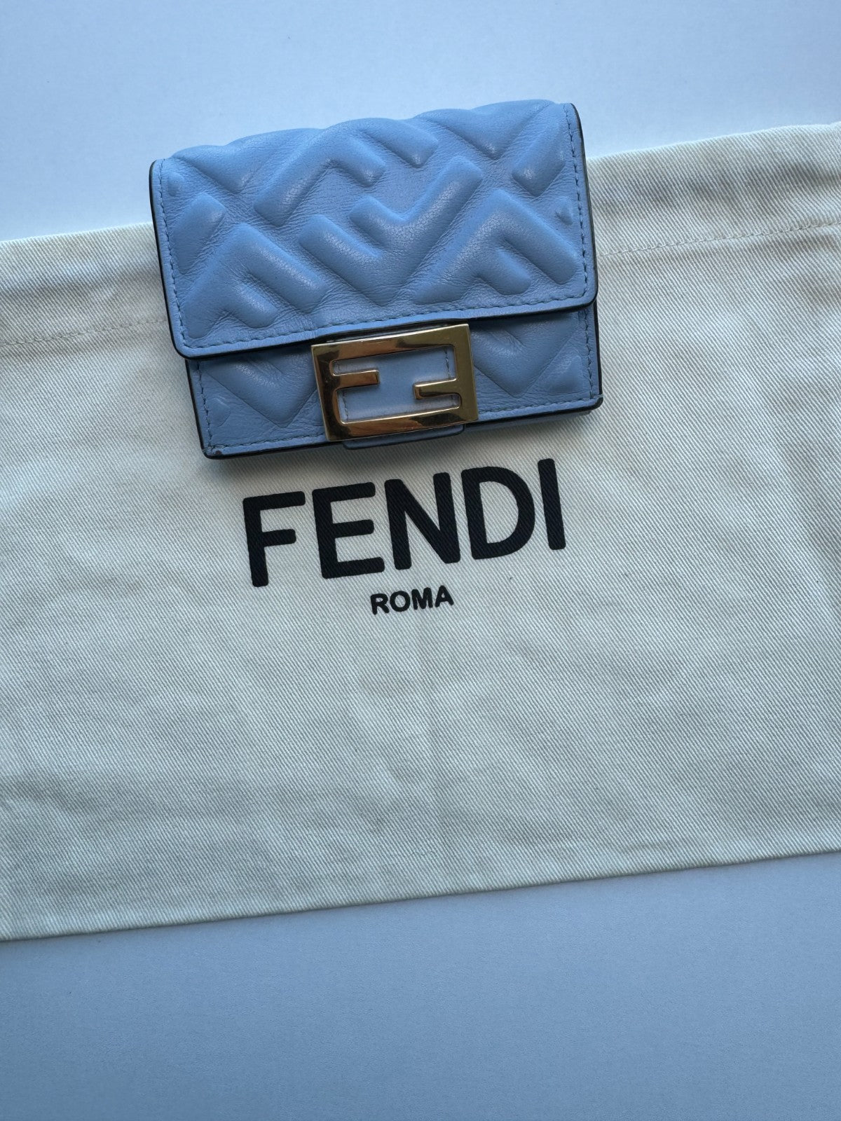 Fendi Baguette Micro Tri-Fold Wallet Baby-Blue Nappa Leather FF Quilted Logo