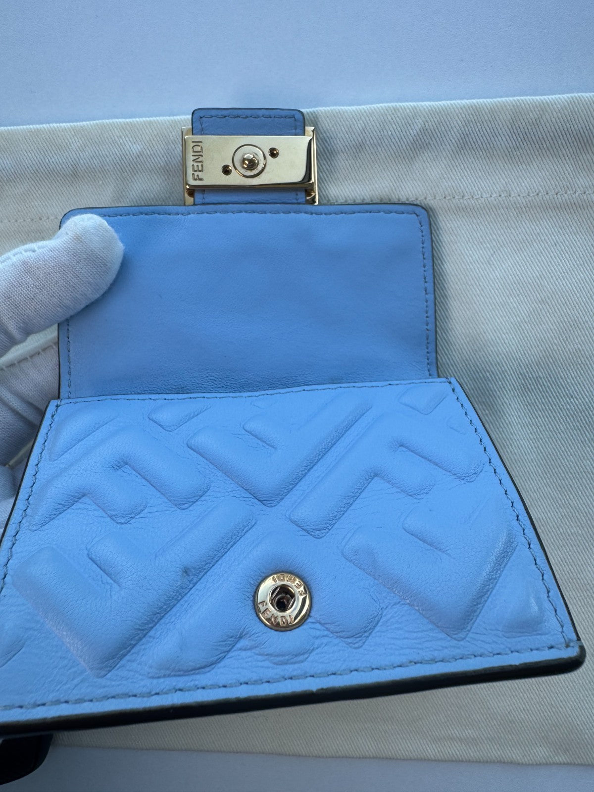 Fendi Baguette Micro Tri-Fold Wallet Baby-Blue Nappa Leather FF Quilted Logo