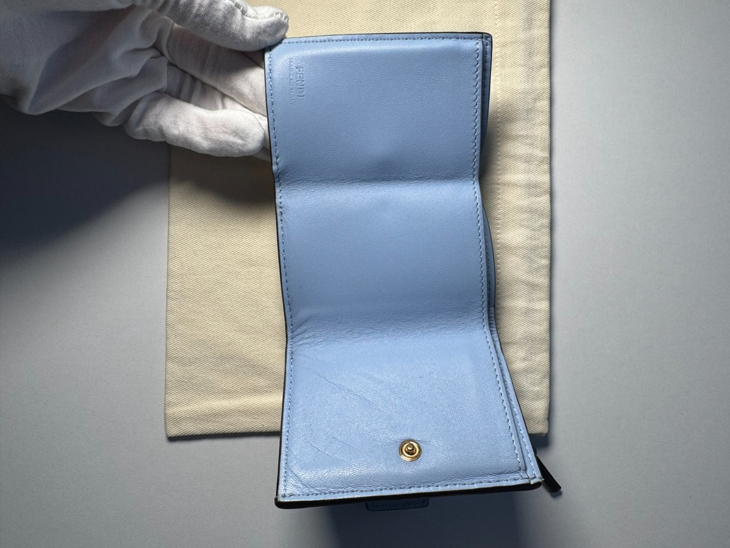 Fendi Baguette Micro Tri-Fold Wallet Baby-Blue Nappa Leather FF Quilted Logo