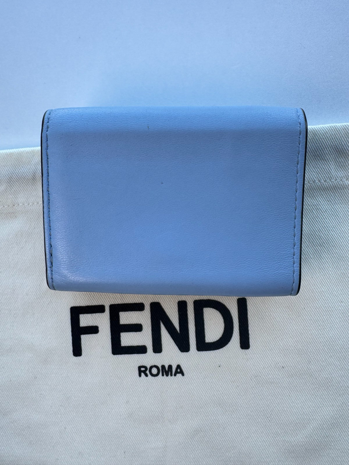 Fendi Baguette Micro Tri-Fold Wallet Baby-Blue Nappa Leather FF Quilted Logo