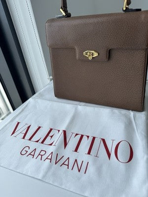 Valentino Garavani Bag Tan Brown Leather Satchel Top Handle Camel Logo Vintage