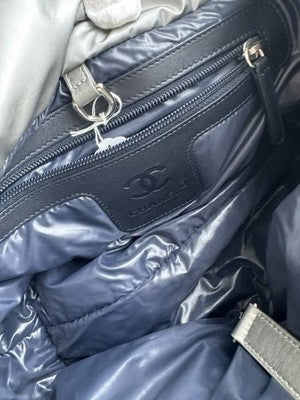 CHANEL Coco Cocoon Shoulder Bag Silver Nylon Leather CC Logo Quilted Hndbag Tote