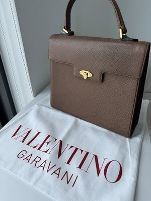 Valentino Garavani Bag Tan Brown Leather Satchel Top Handle Camel Logo Vintage