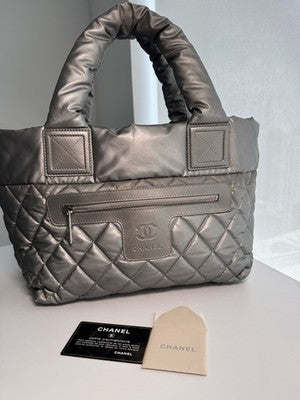 CHANEL Coco Cocoon Shoulder Bag Silver Nylon Leather CC Logo Quilted Hndbag Tote