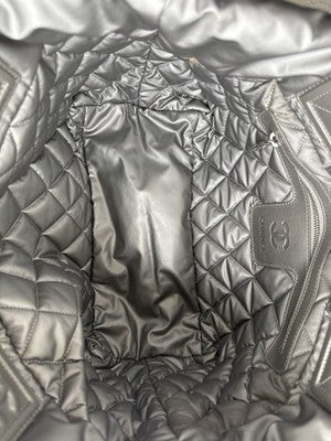 CHANEL Coco Cocoon Shoulder Bag Silver Nylon Leather CC Logo Quilted Hndbag Tote