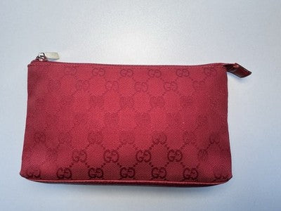 Gucci Guccissima Red Leather Pouch Bag,  Silver Tone Zipper Top Cosmetic. As Is.