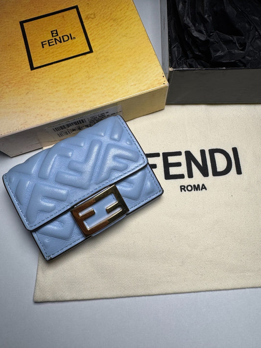 Fendi Baguette Micro Tri-Fold Wallet Baby-Blue Nappa Leather FF Quilted Logo